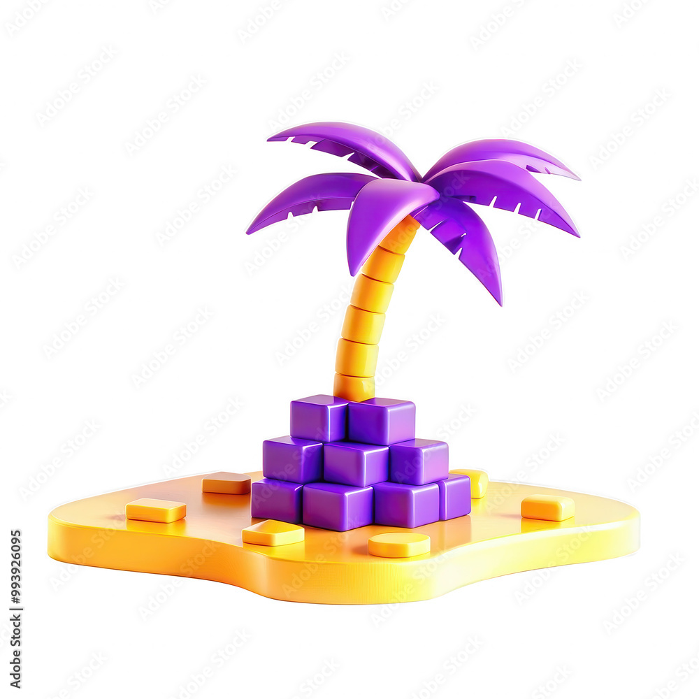 Poster this image features a vibrant 3d model of a palm tree on an island platform, showcasing a playful de