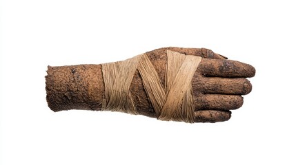 Crafted hand sculpture wrapped in natural fibers, white isolate background.