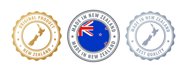New Zealand - set of stamps with map and flag. Best quality. Original product. Vector illustration