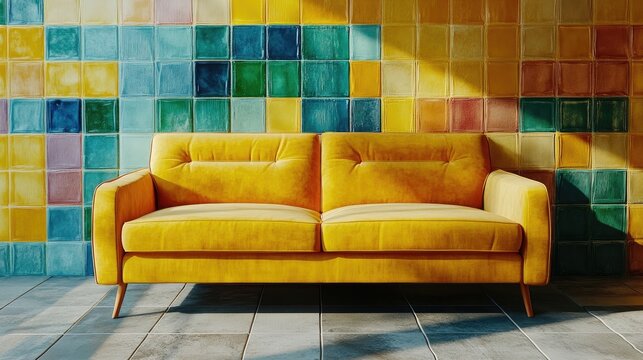 Vibrant yellow velvet sofa against of colorful tiles wall paneli