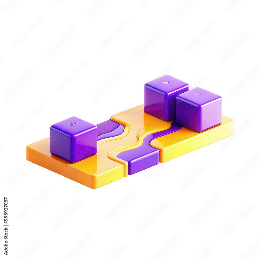 Poster this image features a 3d design board with colorful yellow and purple blocks arranged uniquely. it h