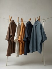 Stylish clean clothes on a line, set against a white backdrop.