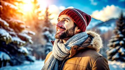 Fototapeta premium a man wearing winter clothes enjoying the beautiful weather 