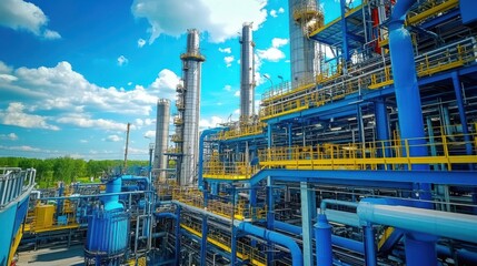 Fototapeta premium Chemical plant with blue pipes and steel structures, wide-angle view, industrial photography