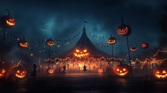 Halloween-themed American circus eerie clowns performing in the center ring