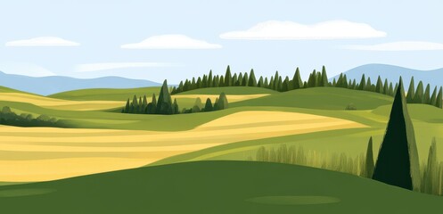 A serene landscape featuring rolling hills, green fields, and distant mountains under a bright blue sky with soft clouds.