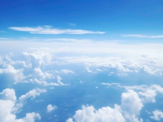 Blue sky with fluffy white clouds captured from aerial view. Suitable for travel, nature, weather, and outdoor theme designs and projects. Generative AI