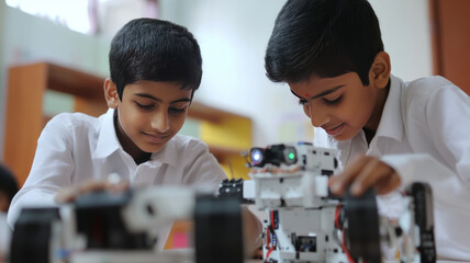 two modern small indian students doing a robotic project. the students must wear white shirt, in classroom