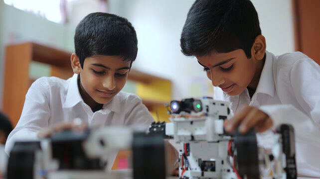 two modern small indian students doing a robotic project. the students must wear white shirt, in classroom