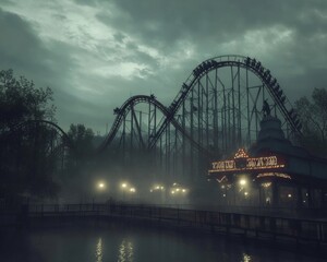 Obraz premium Haunted American amusement park at night roller coasters with ghostly figures