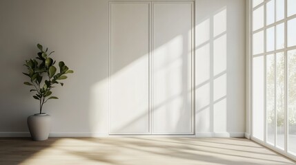 Fototapeta premium White wooden wardrobe with sliding doors in scandinavian style interior design of modern bedroom