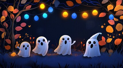 Four cheerful cartoon ghosts celebrating Halloween with colorful lights in the background.