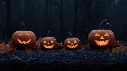 Four glowing Halloween pumpkins in a dark forest setting.