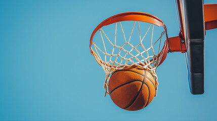 Naklejka premium Basketball in mid-air as it soars towards the hoop, moment of the basketball about to score