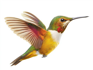 Naklejka premium Hummingbird in Flight: A vibrant, detailed close-up of a hummingbird in mid-flight, showcasing its iridescent plumage and delicate wings. A perfect image for nature lovers and wildlife enthusiasts. 