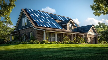 Fototapeta premium Sustainable suburban house with solar panels in green landscape on a sunny day