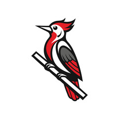 Flat Vector Woodpecker Perched on Branch – Bold Graphic with Red, Black, and White Colors