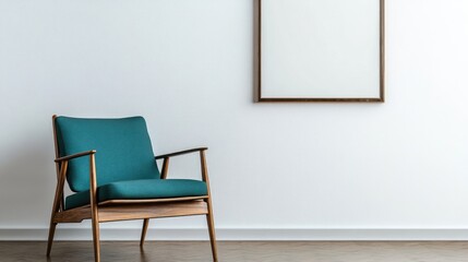 Wooden chair with teal cushion against white wall with art poster frame Mid-century style home interior design of modern living room