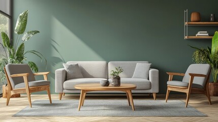 Wooden coffee table and lounge chair near gray sofa against green wall Scandinavian home interior design of modern living room