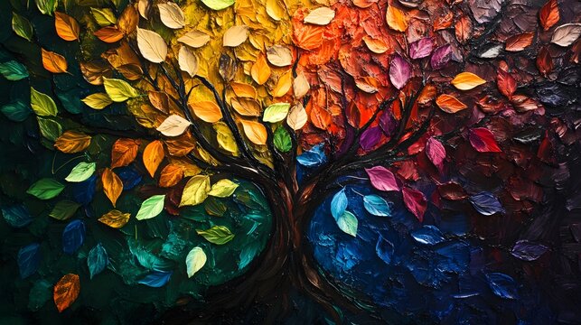 Different colored leaves falling together from the same tree, symbolizing the beauty of unity in diversity