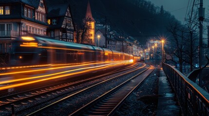 Illuminated Train Journey: Historic Town Night View with Light Trail in 8K UHD