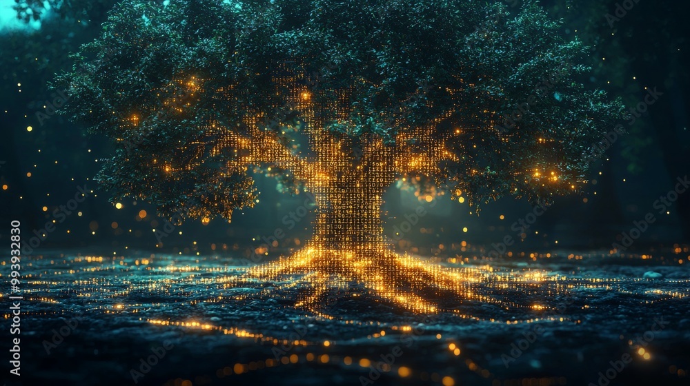 Poster digital tree with binary code leaves