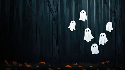 Hanging ghosts in a dark forest, autumn leaves on the ground, eerie atmosphere.