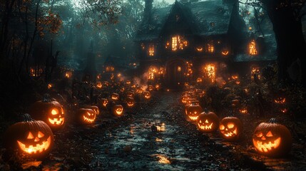 Spooky Halloween Night with Glowing Jack-o'-Lanterns