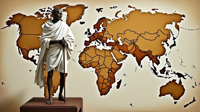 Statue of Influential Leader Mahatma Gandhi with World Map Background - Powered by Adobe