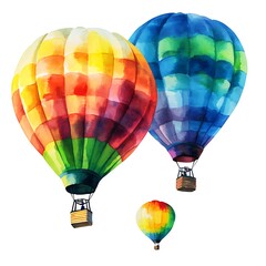 Naklejka premium Watercolor Illustration of Three Colorful Hot Air Balloons Isolated on White Background.