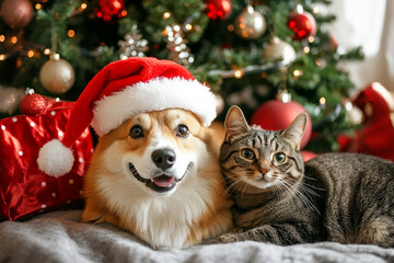 a dog and a cat in front of a Christmas and New Year tree