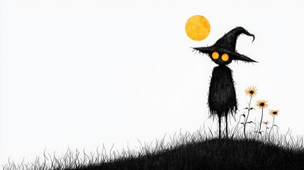 Naklejka premium Mysterious figure in a hat against a white background with flowers and a yellow sun.