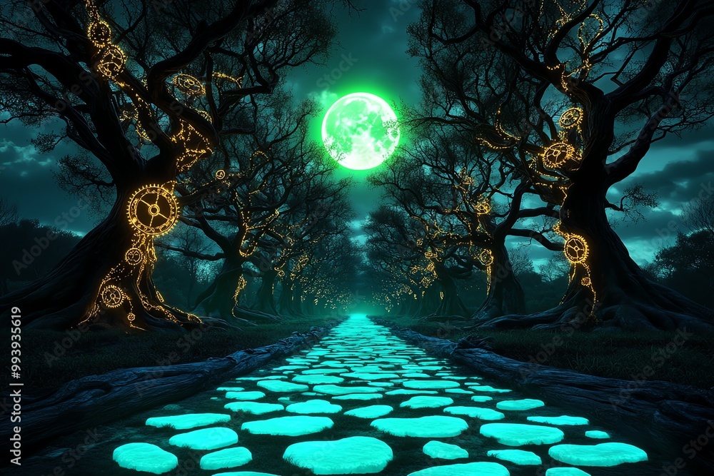 Poster A dark forest with towering ancient trees, their branches entangled with golden clock gears. The moon glows green in the night sky, casting a soft light over a pathway made of glowing teal stones