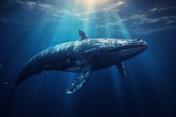An isolated whale swimming near a deep blue underwater environment, the sunlight filtering through the water and casting soft reflections
