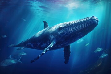 Fototapeta premium An isolated whale swimming near a deep blue underwater environment, the sunlight filtering through the water and casting soft reflections