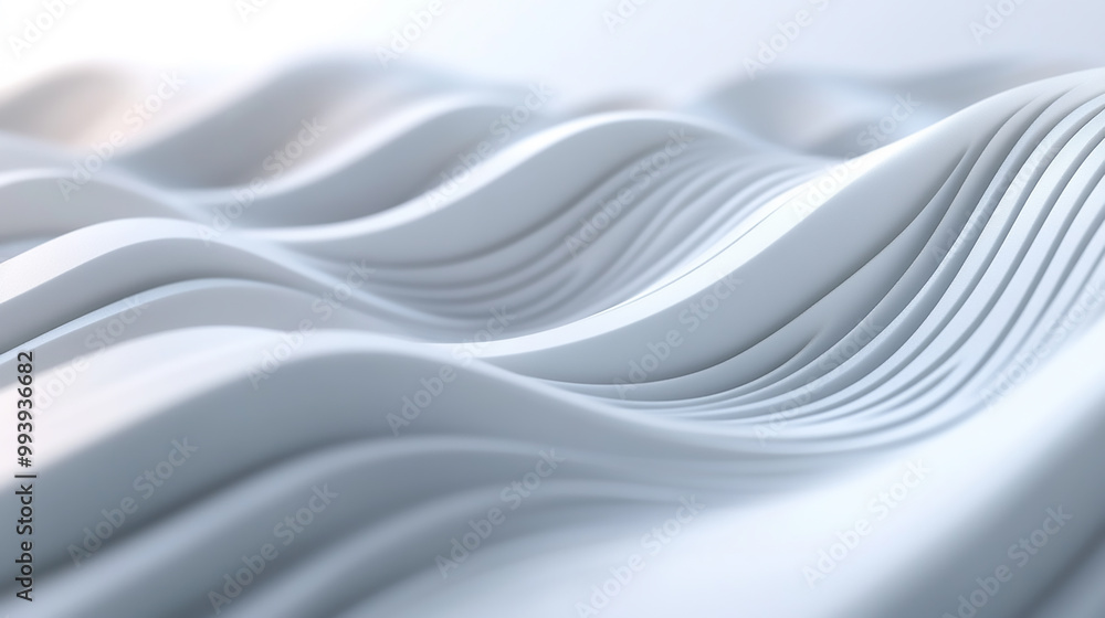 Poster layered white surfaces create a dynamic, abstract tunnel leading to a bright light source