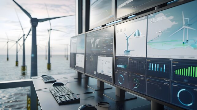 Show a wind farm being monitored by a SCADA system, collecting real-time data to optimize energy output and efficiency