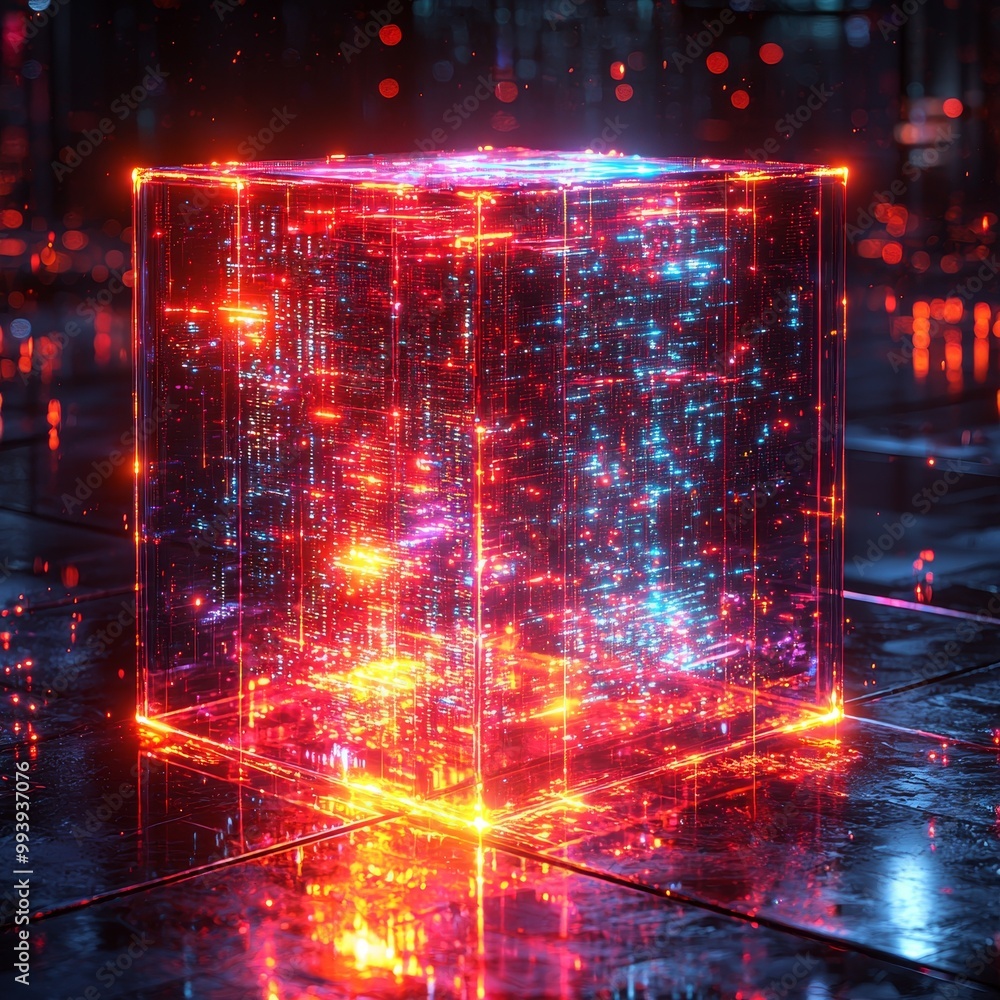Poster glowing quantum computer in a dark room