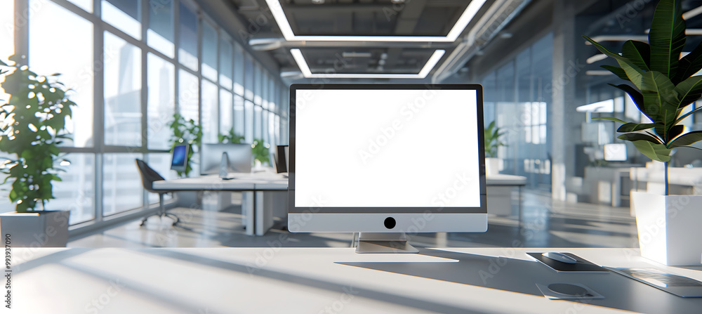 Poster innovative office scene highlighting an led computer screen mockup with a png display, perfect for m