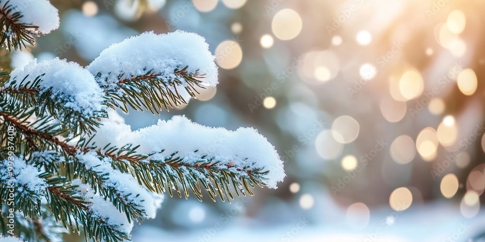 Poster snow-covered spruce branch on a light background with bokeh on a sunny day