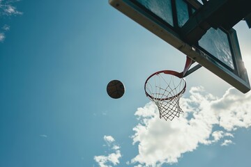 basketball flies into the basket on the background of the sky