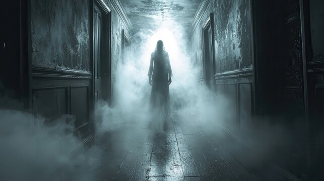 Mysterious Figure in Fog-Filled Haunted Hallway