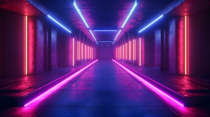 Neon Lights in a Futuristic Corridor 3D Illustration