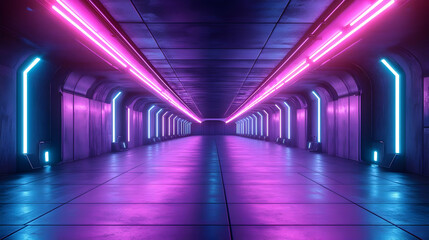 3D Illustration Neon Lights Futuristic Corridor Background