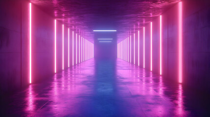 Neon Lights in a Long, Empty Corridor - 3D Illustration