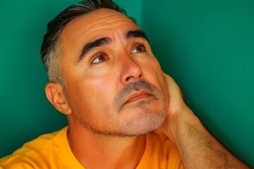 Fototapeta premium Pensive Adult Man in Yellow T-Shirt with Pensive Expression Against Green Background, Contemporary Portrait
