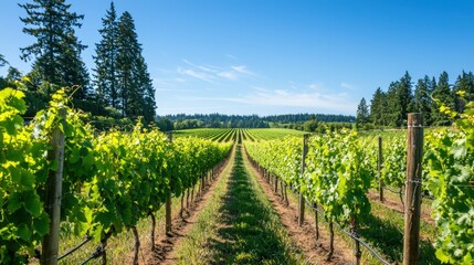 Obraz premium Lush green vineyard stretches under a bright blue sky at harvest season