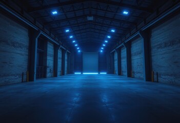 Dark Industrial Hallway with Blue Lights and a Roll-Up Door
