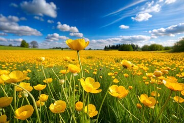 Vibrant yellow flower field under bright blue sky