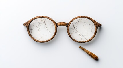 Stylish round glasses with cracked lenses on a white isolated background.